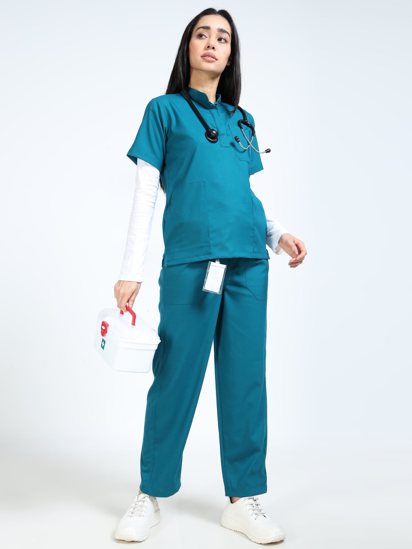 Women’s Emerald Green Medical Scrub Set – Mandarin Collar (Chinese Collar) Top & Straight Pants | Twill Fabric, Breathable & Antibacterial – Eco Flex