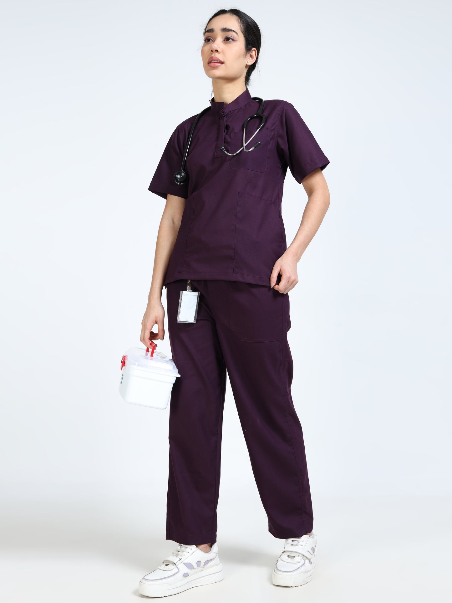 Women’s Wine Medical Scrub Set – Mandarin Collar (Chinese Collar) Top & Straight Pants | Twill Fabric, Antibacterial & Rich Color – Eco Flex