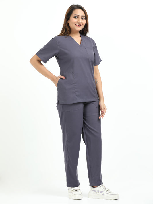 Women’s Heather Grey Medical Scrub Set – V-Neck Top & Straight Pants | 2-Way Stretch, Antibacterial & Premium Comfort – Apollo
