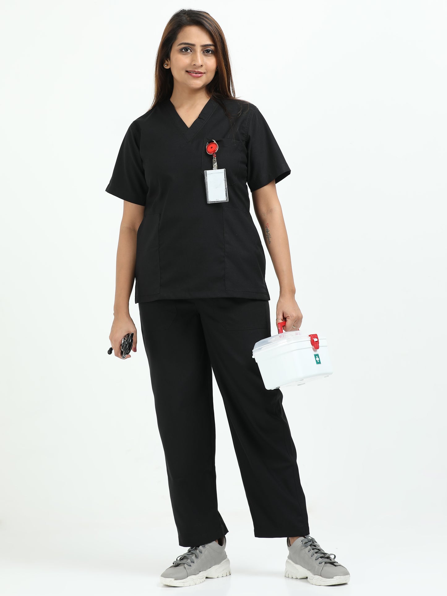 Women’s Black Knight Medical Scrub Set – V-Neck Top & Straight Pants | 2-Way Stretch, Antibacterial & Wrinkle-Resistant – Apollo