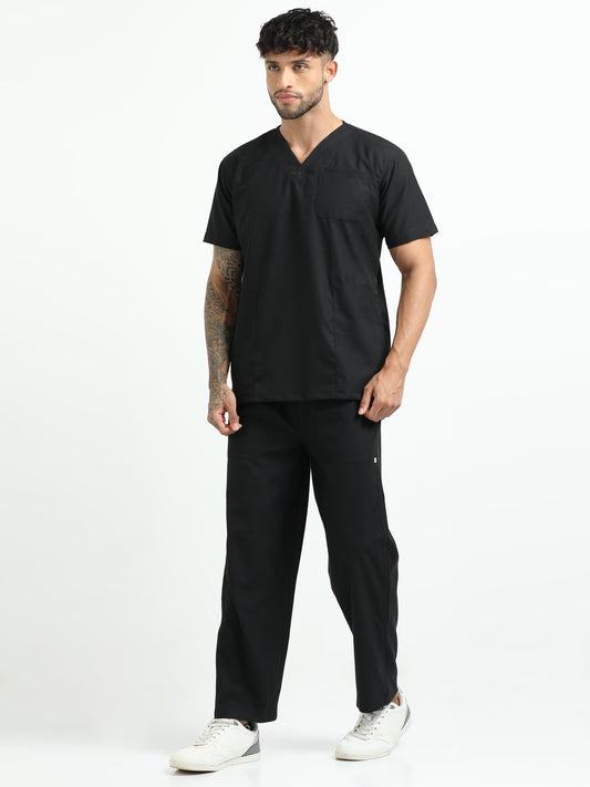 Men’s Black Knight Medical Scrub Set – V-Neck Top & Straight Pants | 2-Way Stretch, Antibacterial & Fade-Proof – Apollo