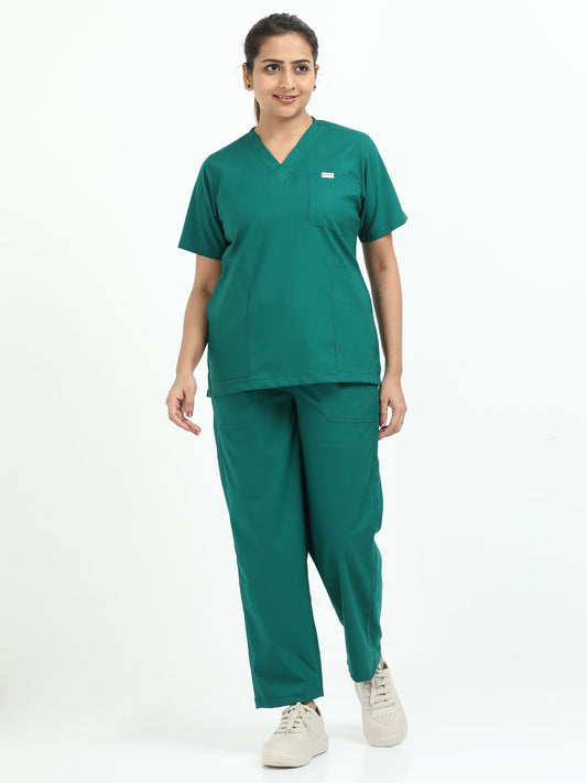 Women’s Forest Green Medical Scrub Set – V-Neck Top & Straight Pants | 2-Way Stretch, Breathable & Antibacterial Fabric – Apollo