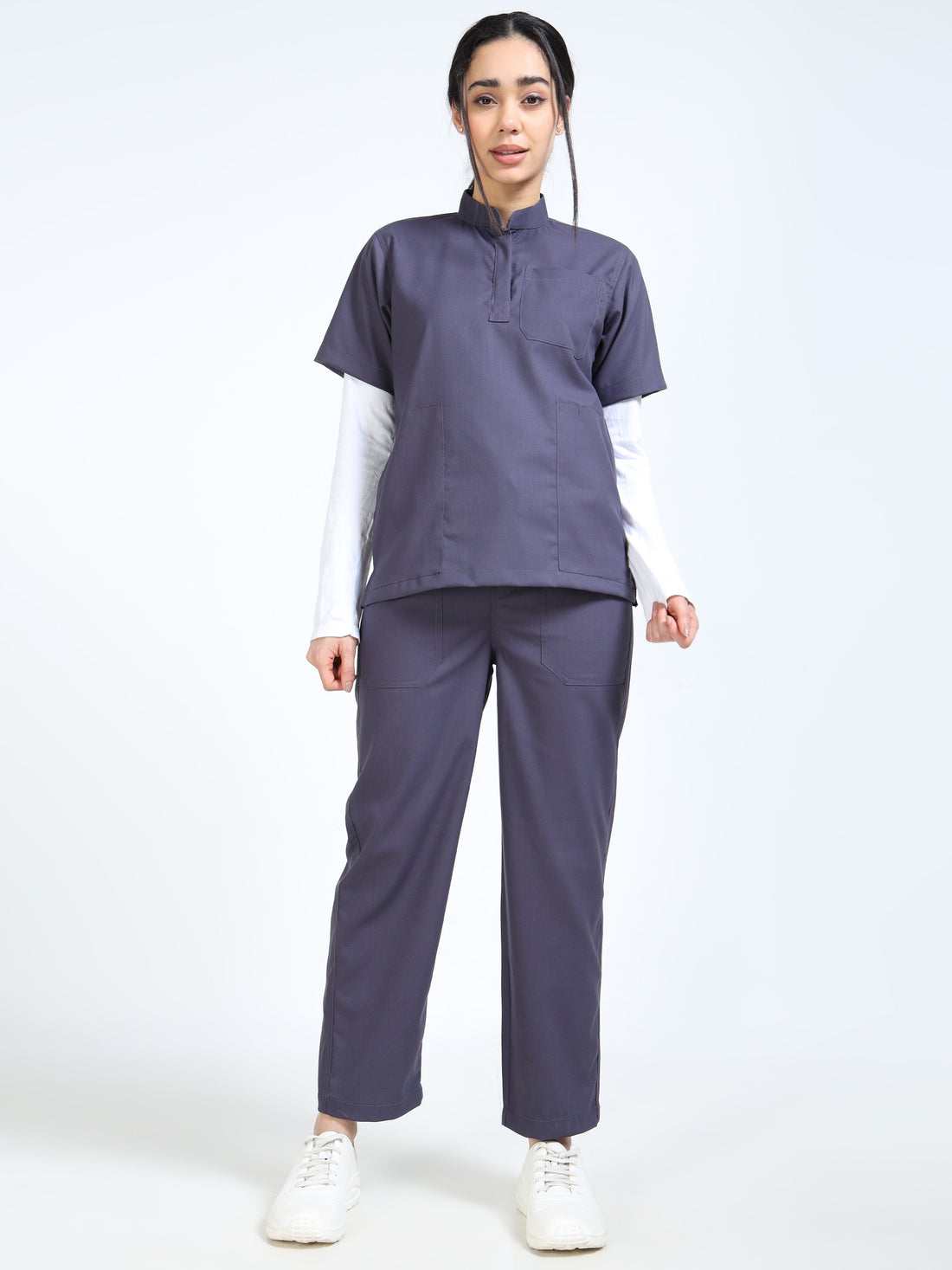 Apollo and Eco Flex women's medical scrubs comparison featuring Mandarin collar styles