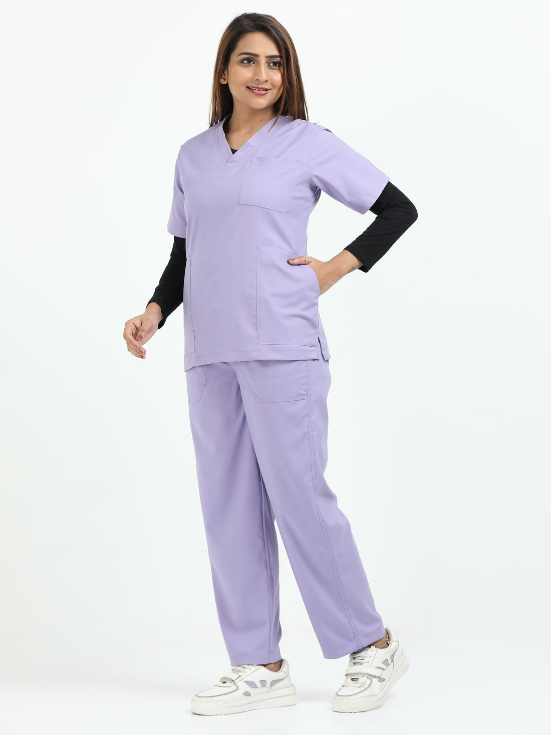 Women's V-neck scrubs size and fit guide for healthcare professionals