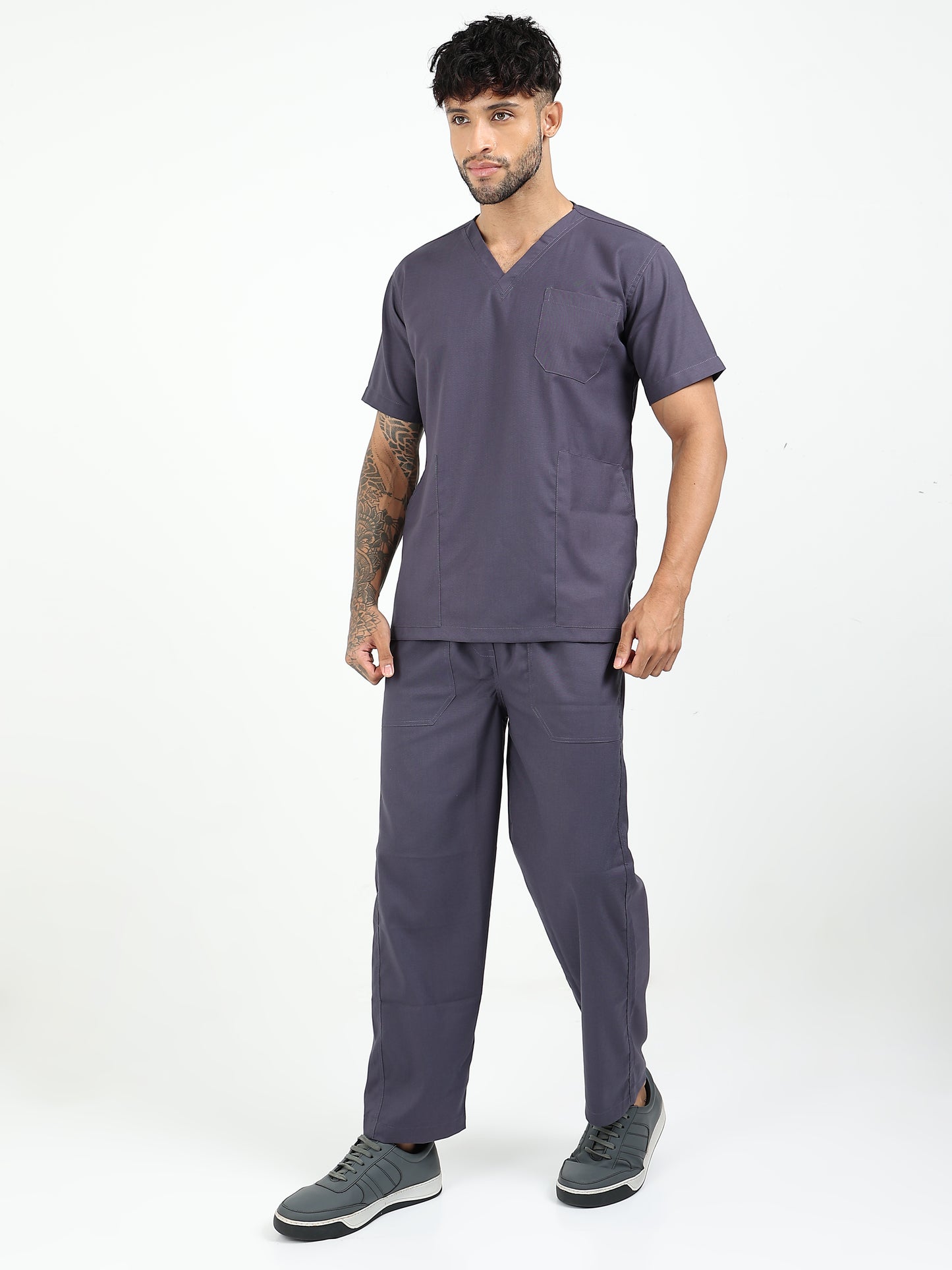 Men’s Heather Grey Medical Scrub Set – V-Neck Top & Straight Pants | 2-Way Stretch, Antibacterial & Durable Fabric – Apollo