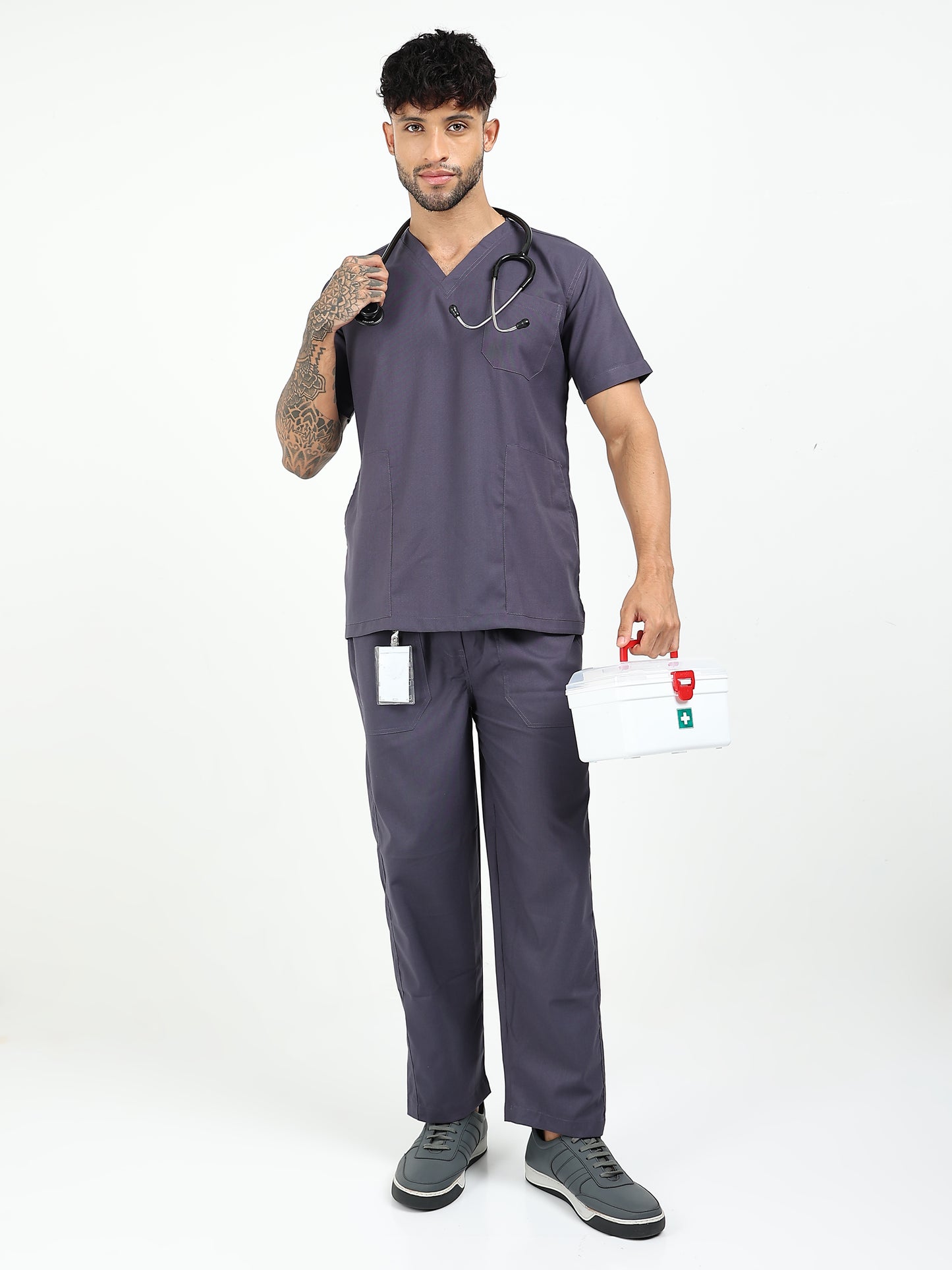 Men’s Heather Grey Medical Scrub Set – V-Neck Top & Straight Pants | 2-Way Stretch, Antibacterial & Durable Fabric – Apollo