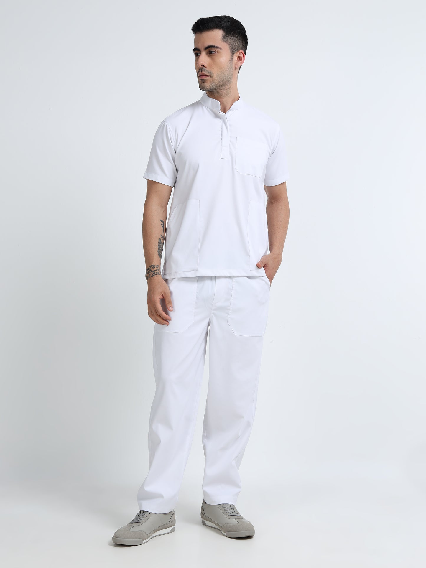 Men’s Snow White Medical Scrub Set – Mandarin Collar (Chinese Collar) Top & Straight Pants | Wrinkle-Resistant – Eco Flex