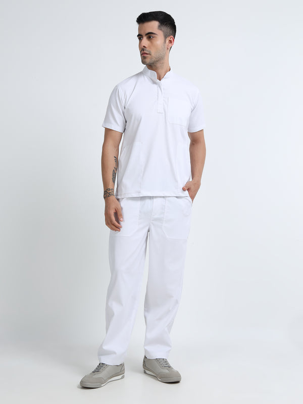 Men’s Snow White Medical Scrub Set – Mandarin Collar (Chinese Collar) Top & Straight Pants | Wrinkle-Resistant – Eco Flex