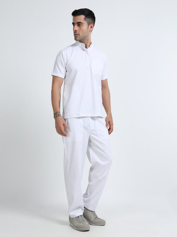 Men’s Snow White Medical Scrub Set – Mandarin Collar (Chinese Collar) Top & Straight Pants | Wrinkle-Resistant – Eco Flex