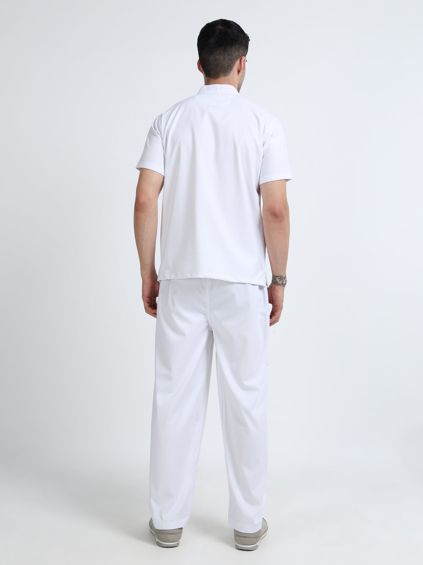 Men’s Snow White Medical Scrub Set – Mandarin Collar (Chinese Collar) Top & Straight Pants | Wrinkle-Resistant – Eco Flex