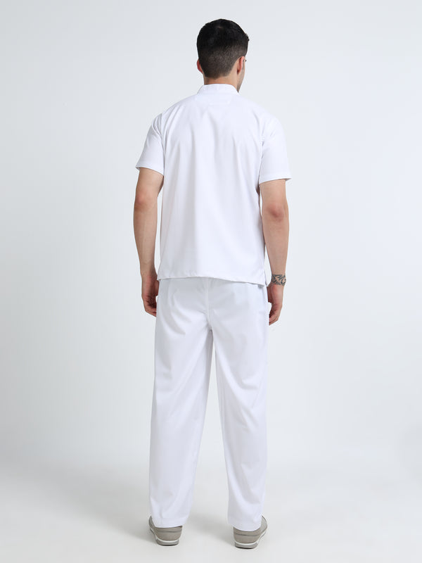 Men’s Snow White Medical Scrub Set – Mandarin Collar (Chinese Collar) Top & Straight Pants | Wrinkle-Resistant – Eco Flex