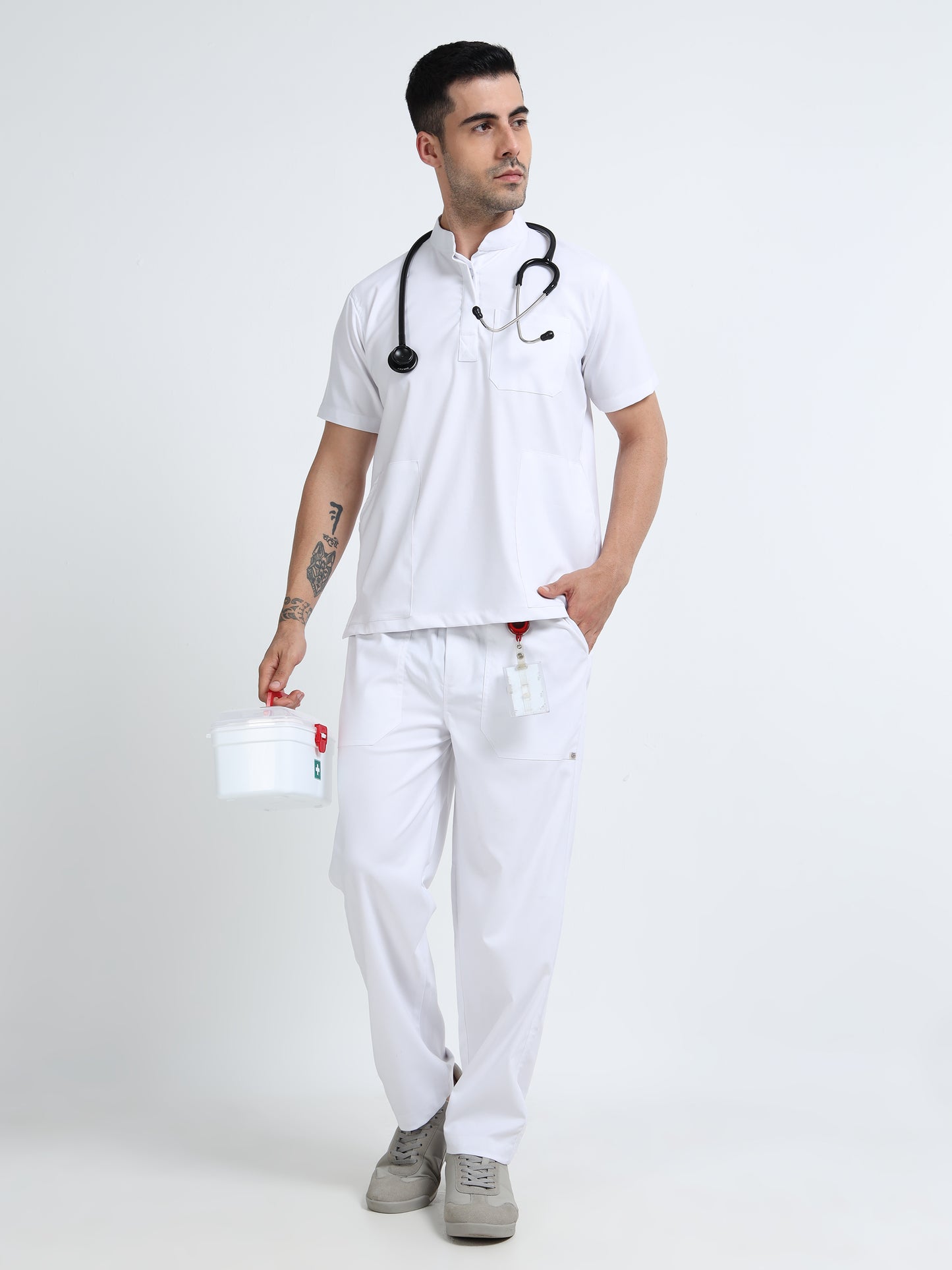 Men’s Snow White Medical Scrub Set – Mandarin Collar (Chinese Collar) Top & Straight Pants | Wrinkle-Resistant – Eco Flex