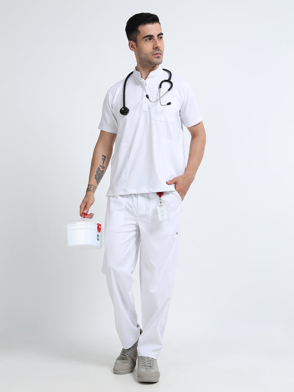 Men’s Snow White Medical Scrub Set – Mandarin Collar (Chinese Collar) Top & Straight Pants | Wrinkle-Resistant – Eco Flex