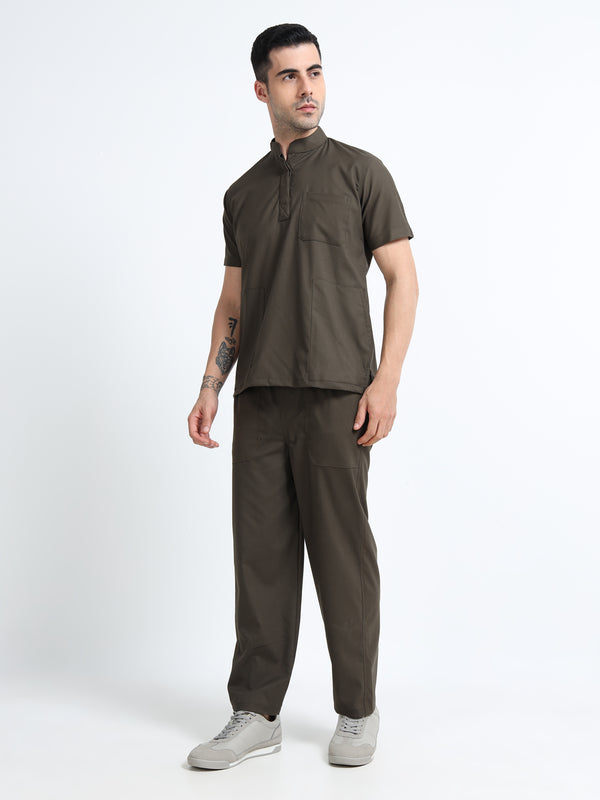 Men’s Olive Medical Scrub Set – Mandarin Collar (Chinese Collar) Top & Straight Pants | Wrinkle-Resistant – Eco Flex