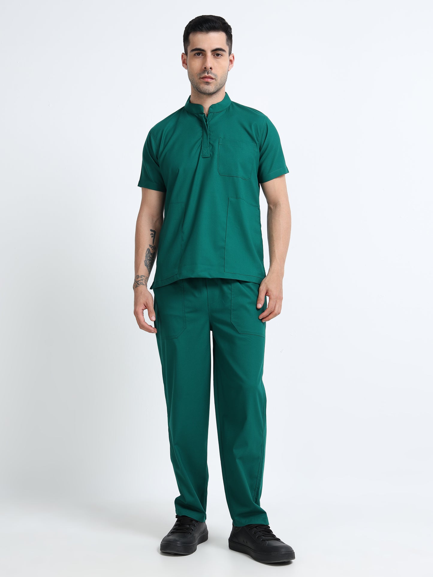 Men’s Forest Green Medical Scrub Set – Mandarin Collar (Chinese Collar) Top & Straight Pants | Wrinkle-Resistant – Eco Flex
