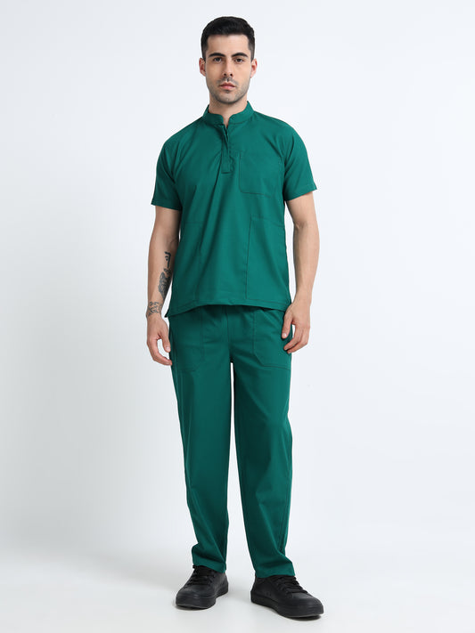 Men’s Forest Green Medical Scrub Set – Mandarin Collar (Chinese Collar) Top & Straight Pants | Wrinkle-Resistant – Eco Flex