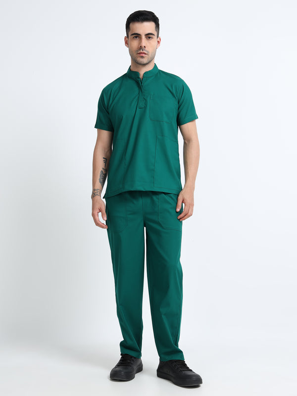 Men’s Forest Green Medical Scrub Set – Mandarin Collar (Chinese Collar) Top & Straight Pants | Wrinkle-Resistant – Eco Flex