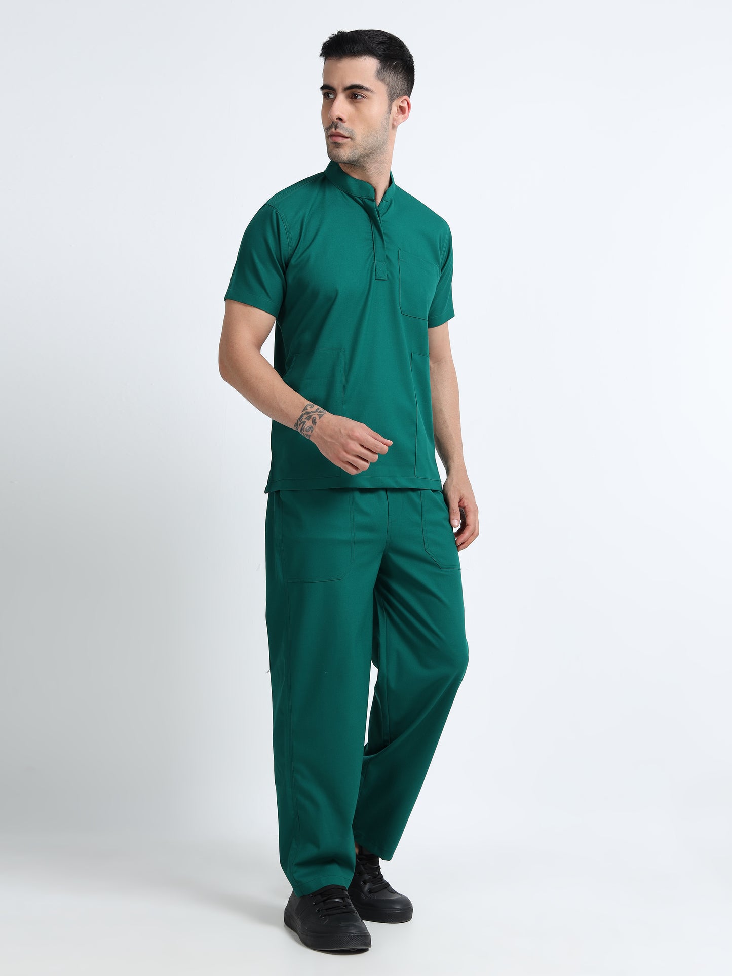 Men’s Forest Green Medical Scrub Set – Mandarin Collar (Chinese Collar) Top & Straight Pants | Wrinkle-Resistant – Eco Flex