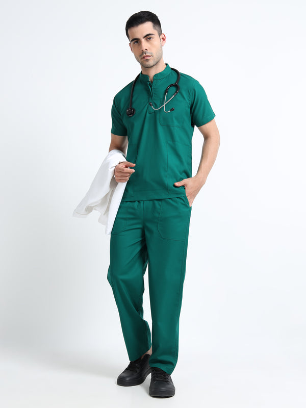 Men’s Forest Green Medical Scrub Set – Mandarin Collar (Chinese Collar) Top & Straight Pants | Wrinkle-Resistant – Eco Flex