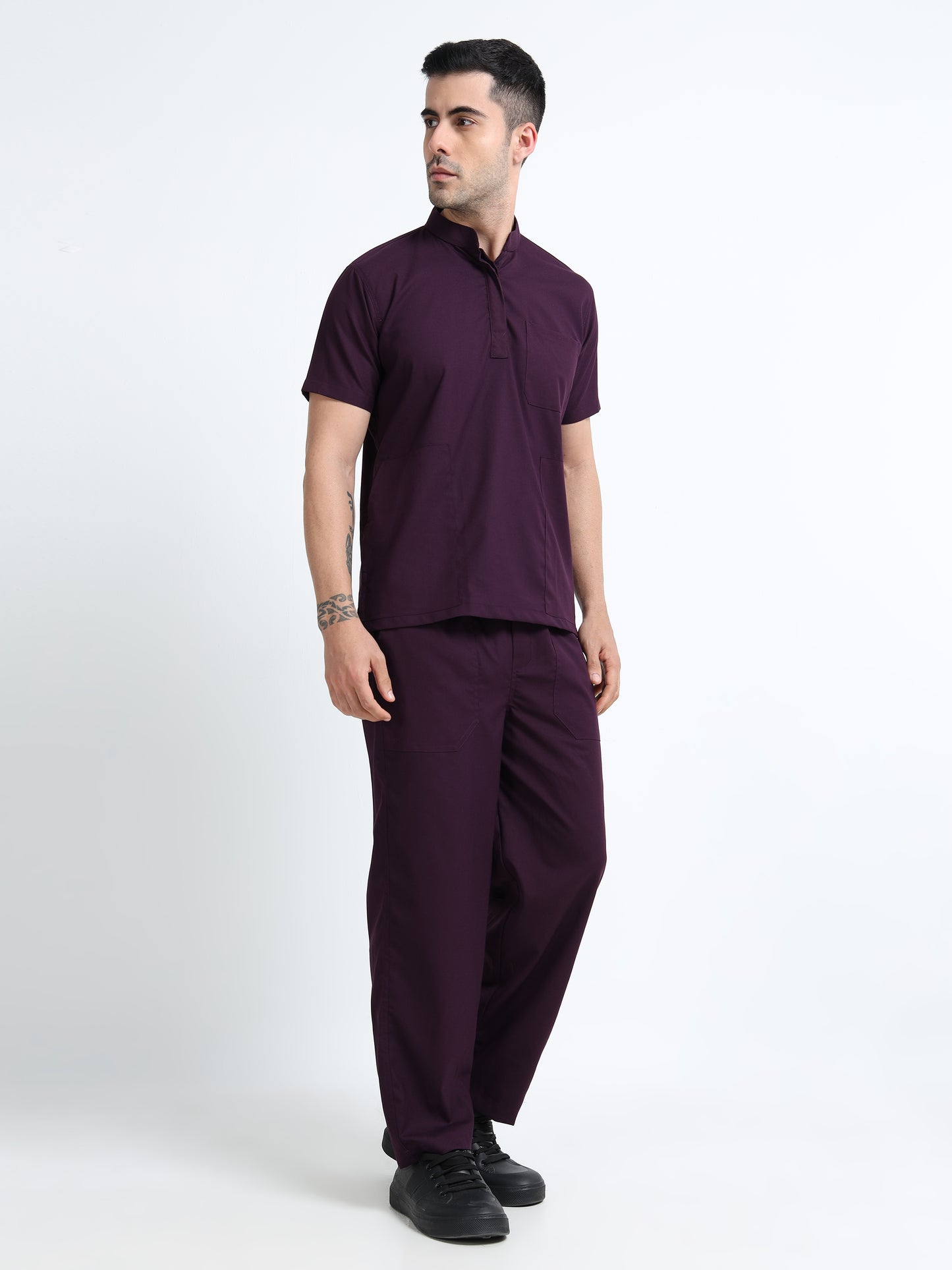Men’s Wine Medical Scrub Set – Mandarin Collar (Chinese Collar) Top & Straight Pants | Wrinkle-Resistant – Eco Flex