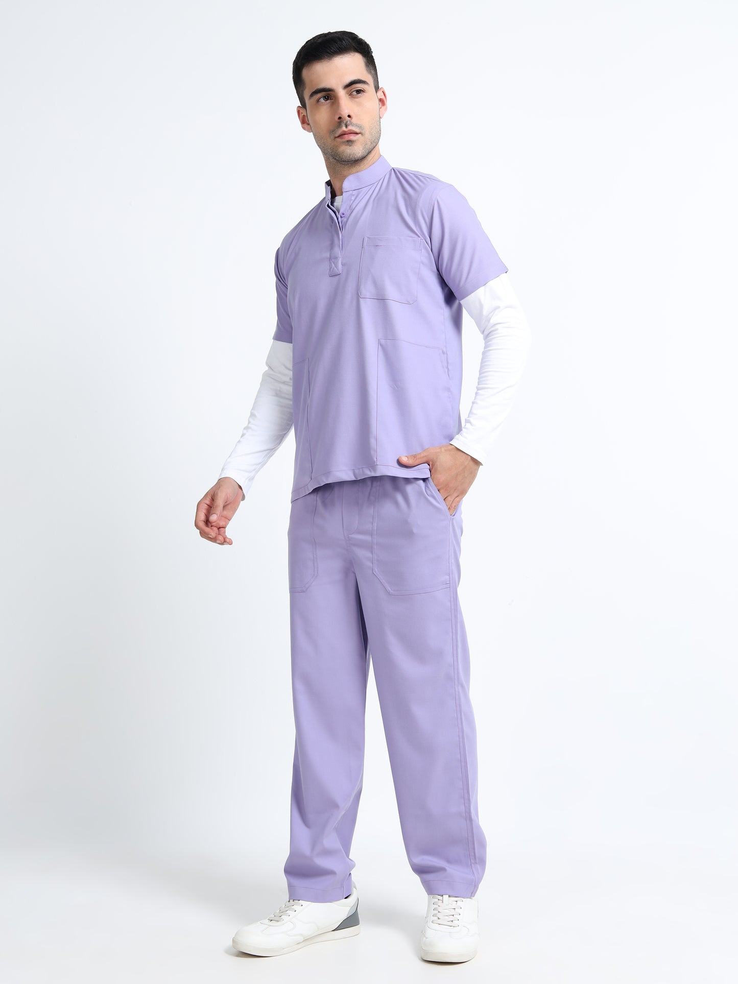 Men’s Pastel Lilac Medical Scrub Set – Mandarin Collar (Chinese Collar) Top & Straight Pants | Wrinkle-Resistant – Eco Flex