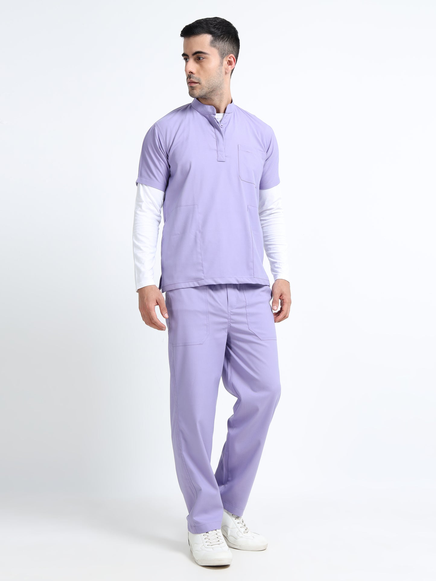 Men’s Pastel Lilac Medical Scrub Set – Mandarin Collar (Chinese Collar) Top & Straight Pants | Wrinkle-Resistant – Eco Flex