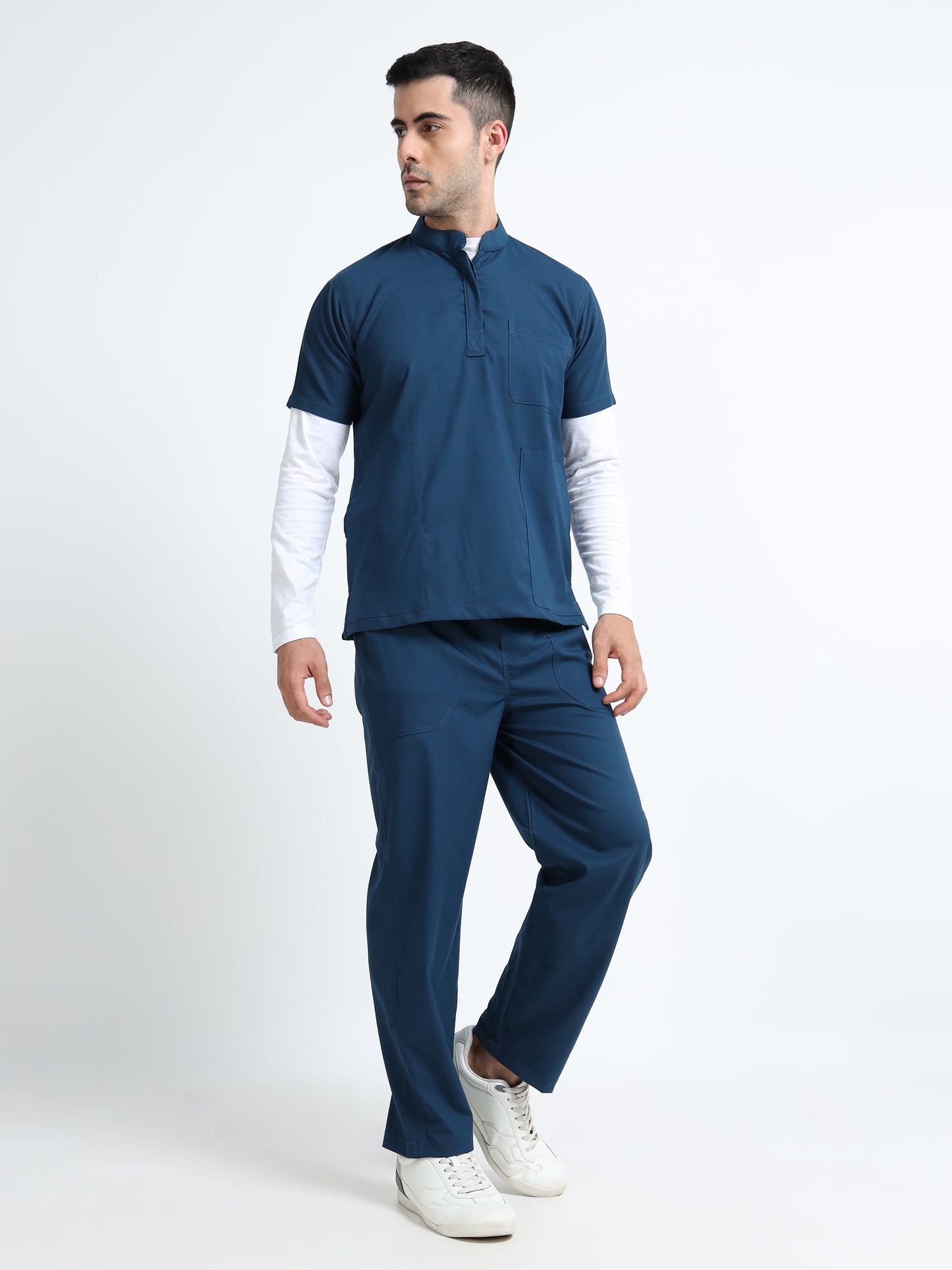 Men’s Galaxy Blue Medical Scrub Set – Mandarin Collar (Chinese Collar) Top & Straight Pants | Wrinkle-Resistant – Eco Flex