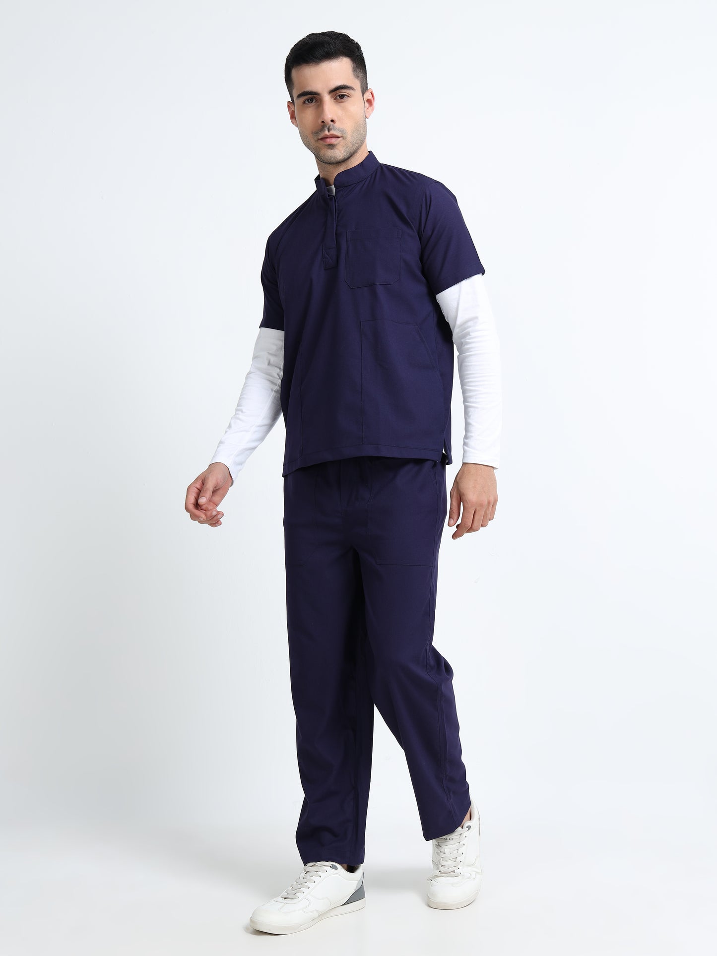 Men’s Navy Medical Scrub Set – Mandarin Collar (Chinese Collar) Top & Straight Pants | 2-Way Stretch, Antibacterial & Wrinkle-Resistant – Apollo