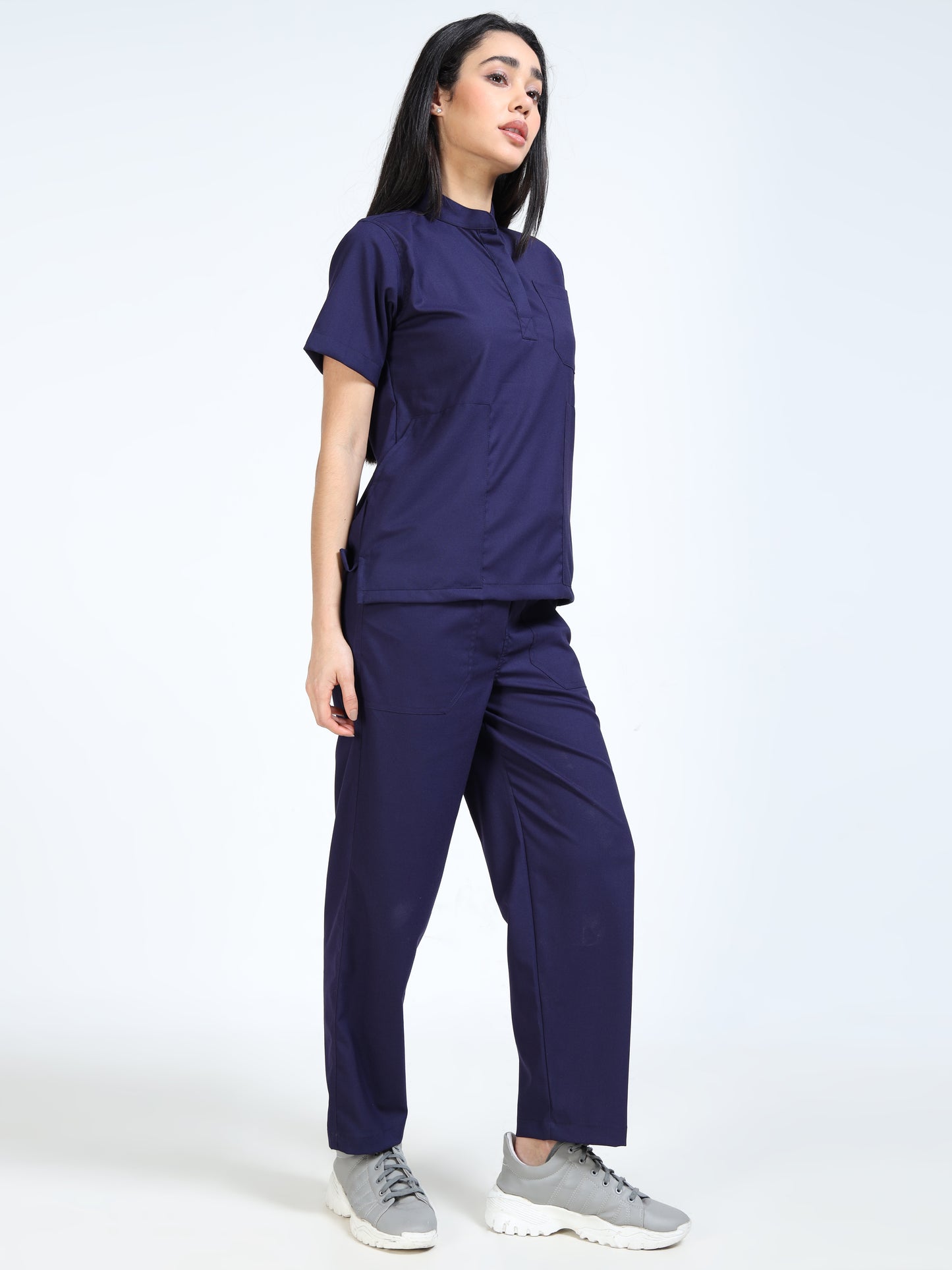 Women’s Navy Medical Scrub Set – Mandarin Collar (Chinese Collar) Top & Straight Pants | 2-Way Stretch, Antibacterial & Wrinkle-Resistant – Apollo