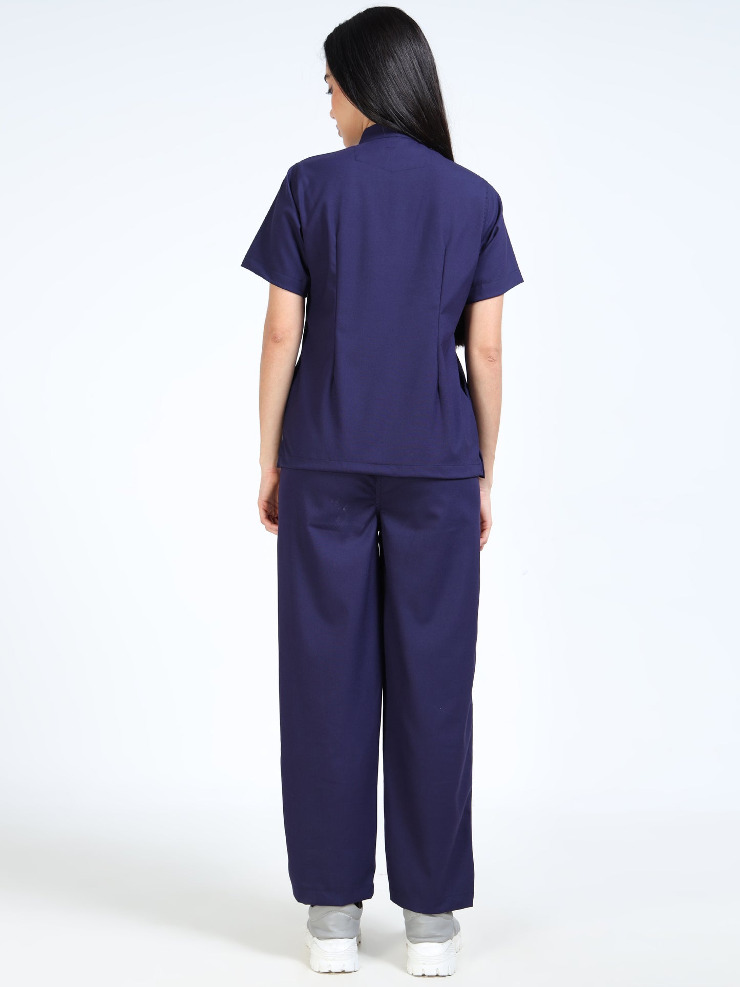 Women’s Navy Medical Scrub Set – Mandarin Collar (Chinese Collar) Top & Straight Pants | 2-Way Stretch, Antibacterial & Wrinkle-Resistant – Apollo