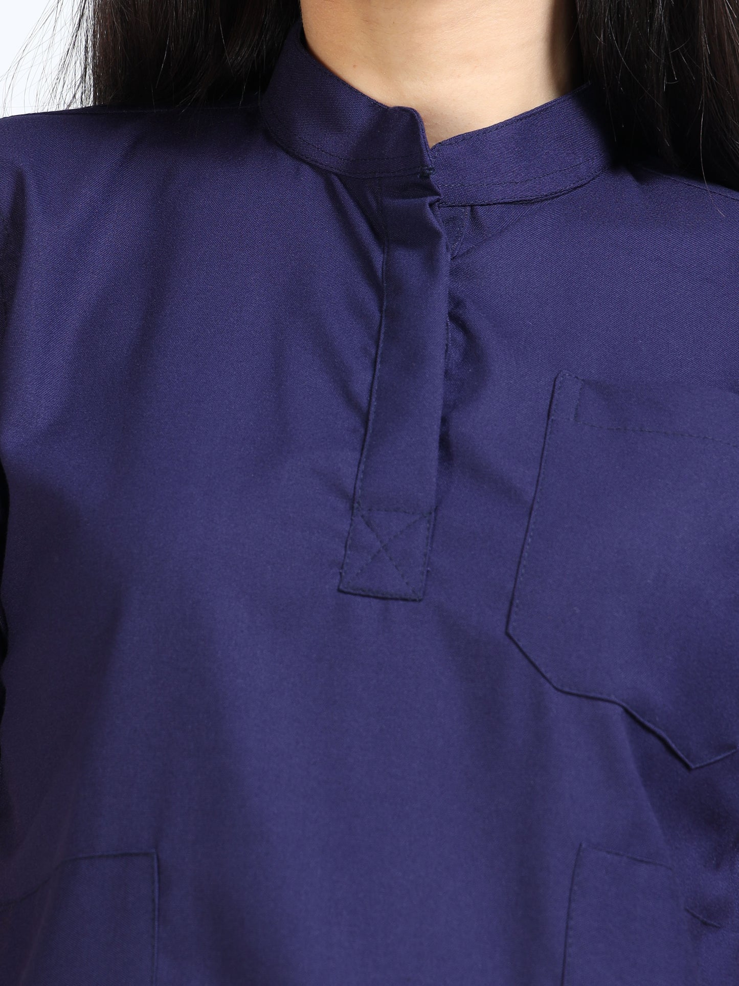 Women’s Navy Medical Scrub Set – Mandarin Collar (Chinese Collar) Top & Straight Pants | 2-Way Stretch, Antibacterial & Wrinkle-Resistant – Apollo