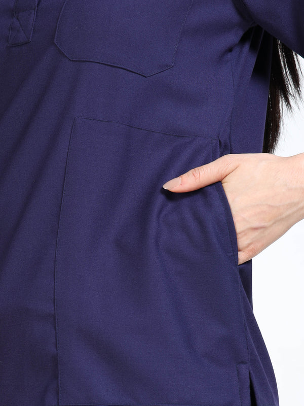 Women’s Navy Medical Scrub Set – Mandarin Collar (Chinese Collar) Top & Straight Pants | 2-Way Stretch, Antibacterial & Wrinkle-Resistant – Apollo