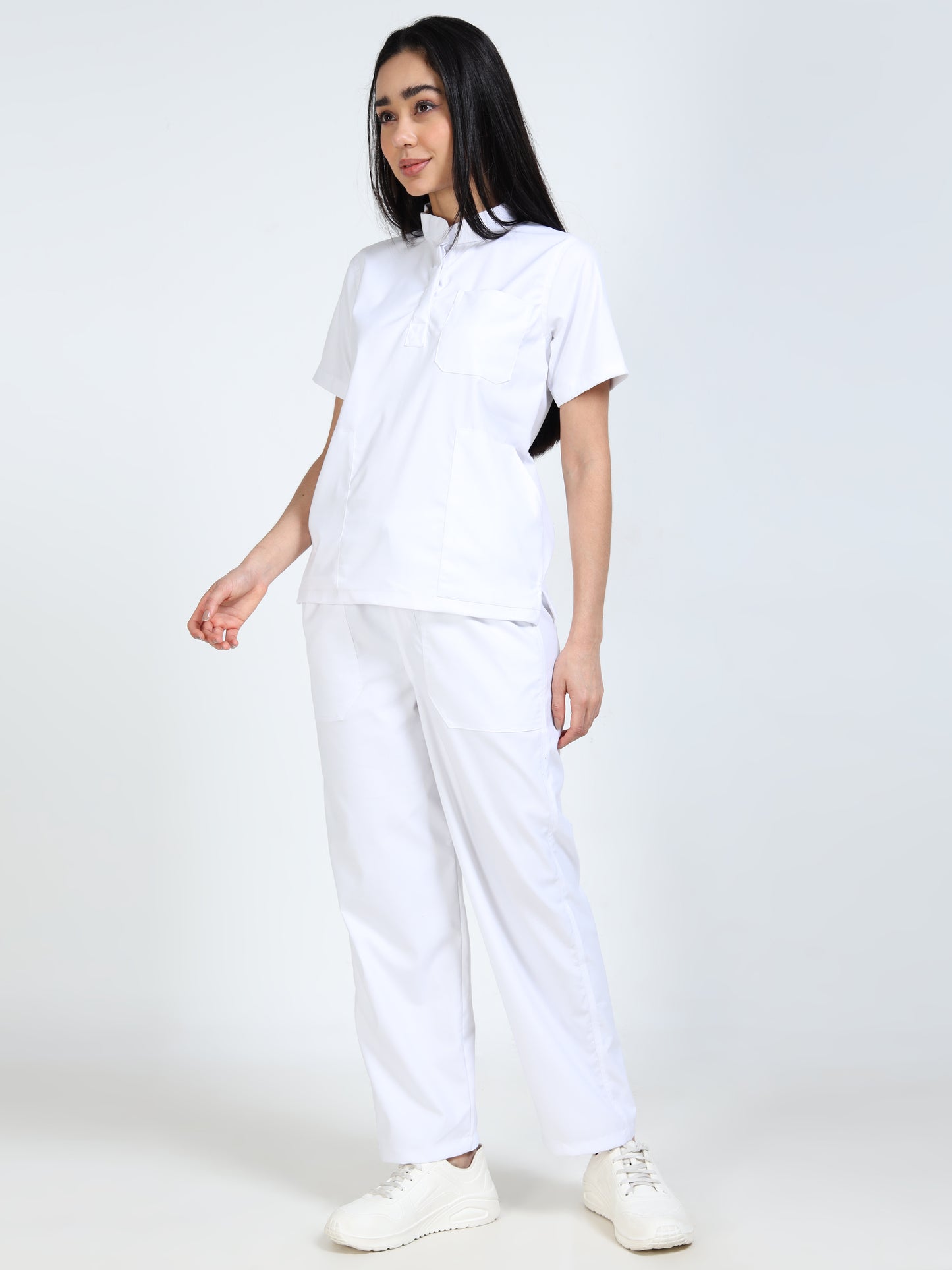 Women’s Snow White Medical Scrub Set – Mandarin Collar (Chinese Collar) Top & Straight Pants | Twill Fabric, Breathable & Easy-Care – Eco Flex