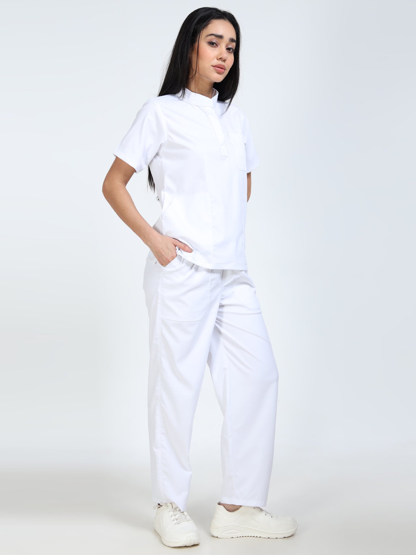 Women’s Snow White Medical Scrub Set – Mandarin Collar (Chinese Collar) Top & Straight Pants | Twill Fabric, Breathable & Easy-Care – Eco Flex