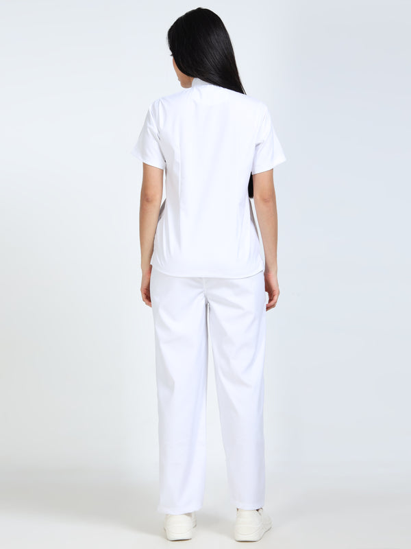 Women’s Snow White Medical Scrub Set – Mandarin Collar (Chinese Collar) Top & Straight Pants | Twill Fabric, Breathable & Easy-Care – Eco Flex