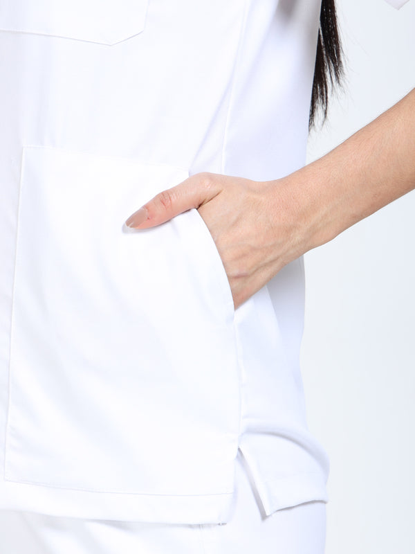 Women’s Snow White Medical Scrub Set – Mandarin Collar (Chinese Collar) Top & Straight Pants | Twill Fabric, Breathable & Easy-Care – Eco Flex