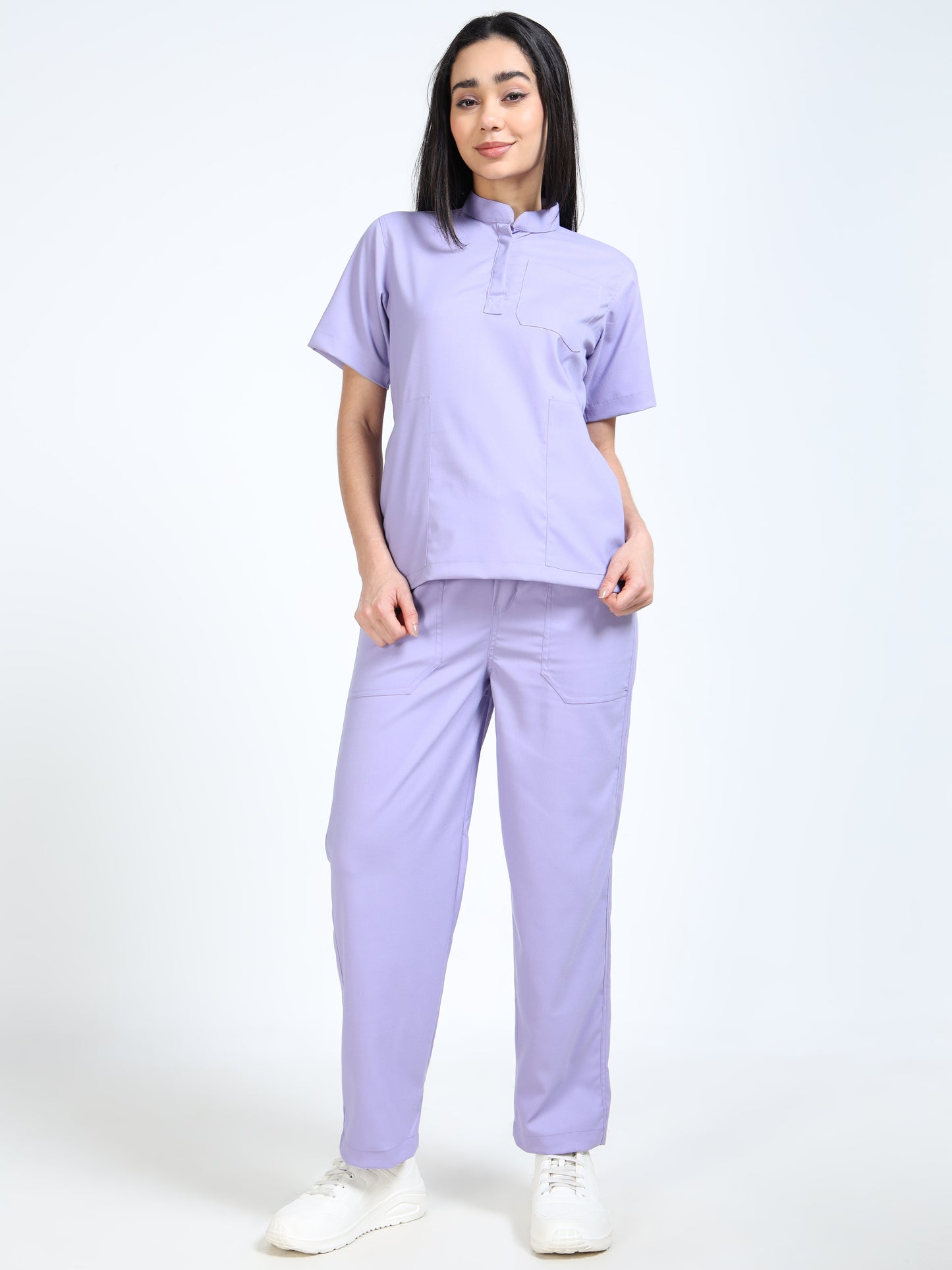 Women’s Pastel Lilac Medical Scrub Set – Mandarin Collar (Chinese Collar) Top & Straight Pants | 2-Way Stretch, Antibacterial & Soft Comfort Fabric – Apollo