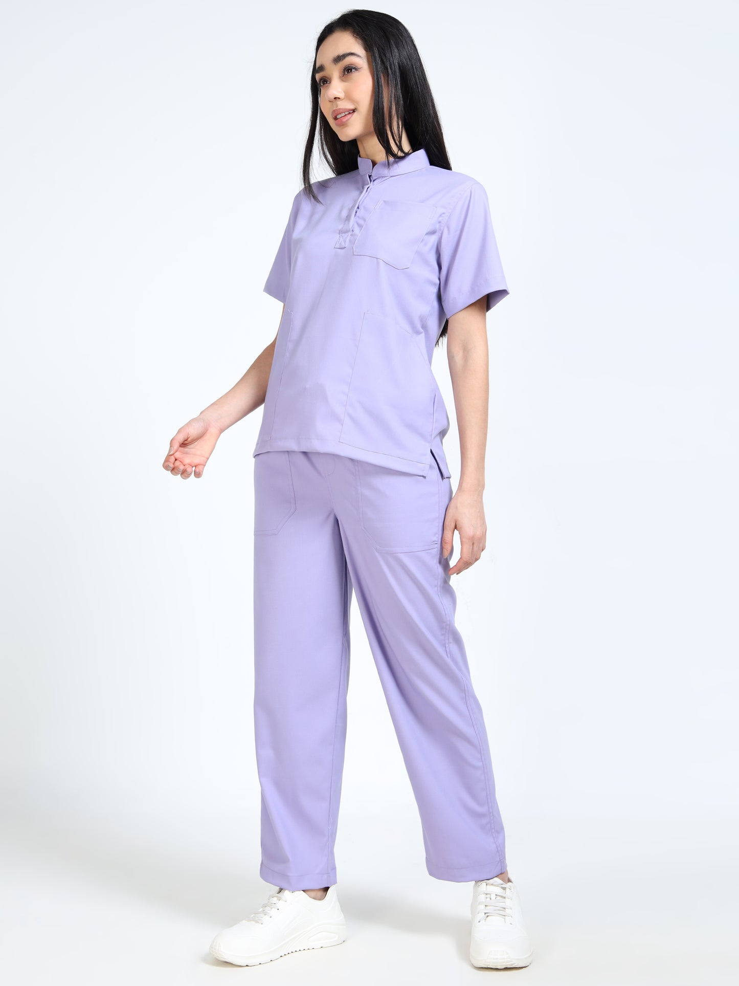 Women’s Pastel Lilac Medical Scrub Set – Mandarin Collar (Chinese Collar) Top & Straight Pants | 2-Way Stretch, Antibacterial & Soft Comfort Fabric – Apollo