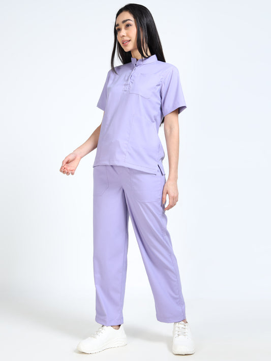 Women’s Pastel Lilac Medical Scrub Set – Mandarin Collar (Chinese Collar) Top & Straight Pants | Twill Fabric, Antibacterial & Soft Comfort – Eco Flex