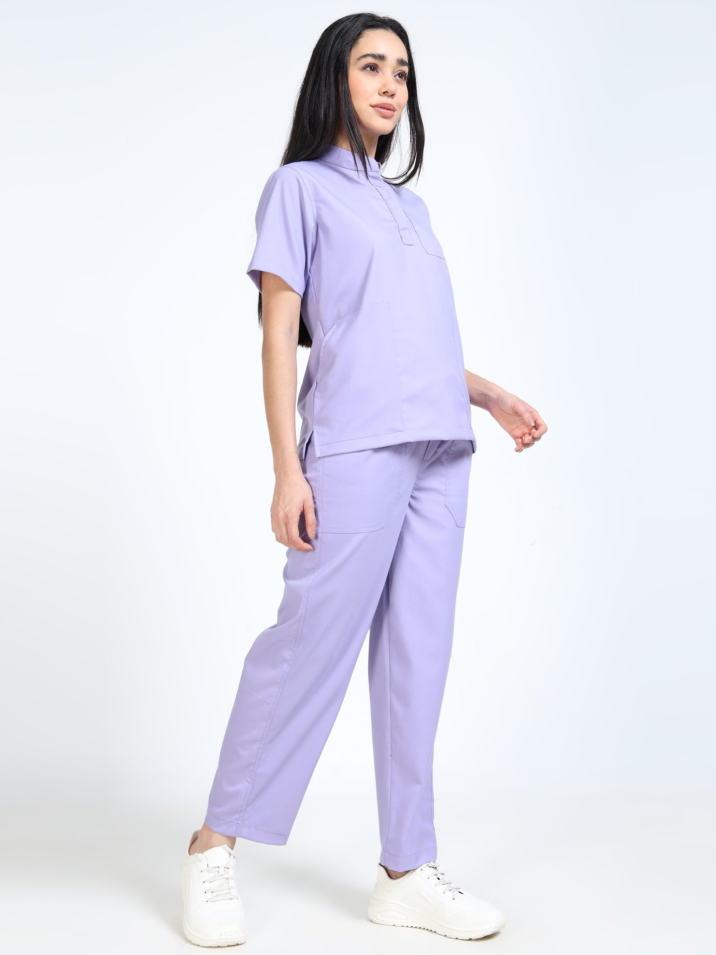Women’s Pastel Lilac Medical Scrub Set – Mandarin Collar (Chinese Collar) Top & Straight Pants | 2-Way Stretch, Antibacterial & Soft Comfort Fabric – Apollo