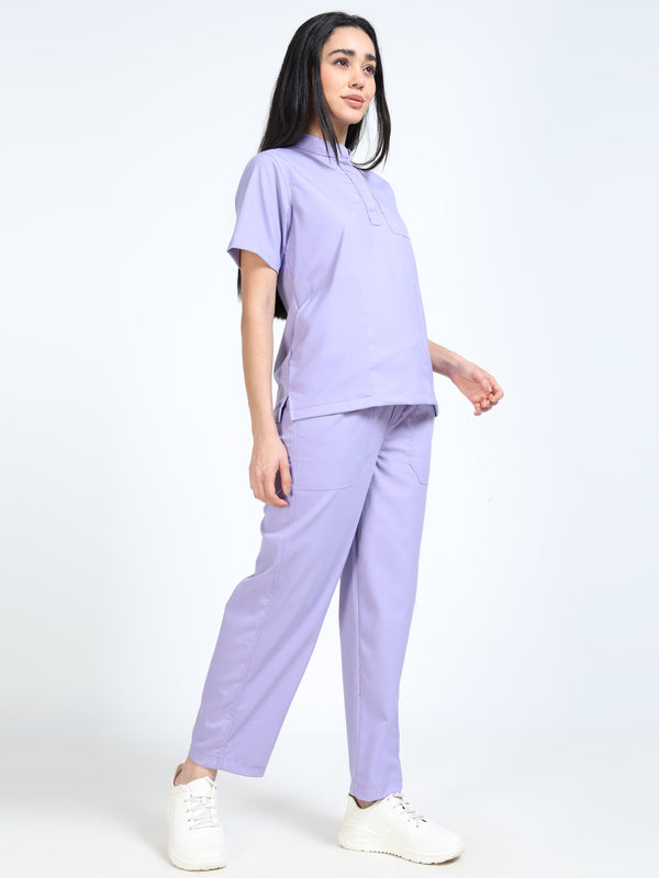 Women’s Pastel Lilac Medical Scrub Set – Mandarin Collar (Chinese Collar) Top & Straight Pants | 2-Way Stretch, Antibacterial & Soft Comfort Fabric – Apollo