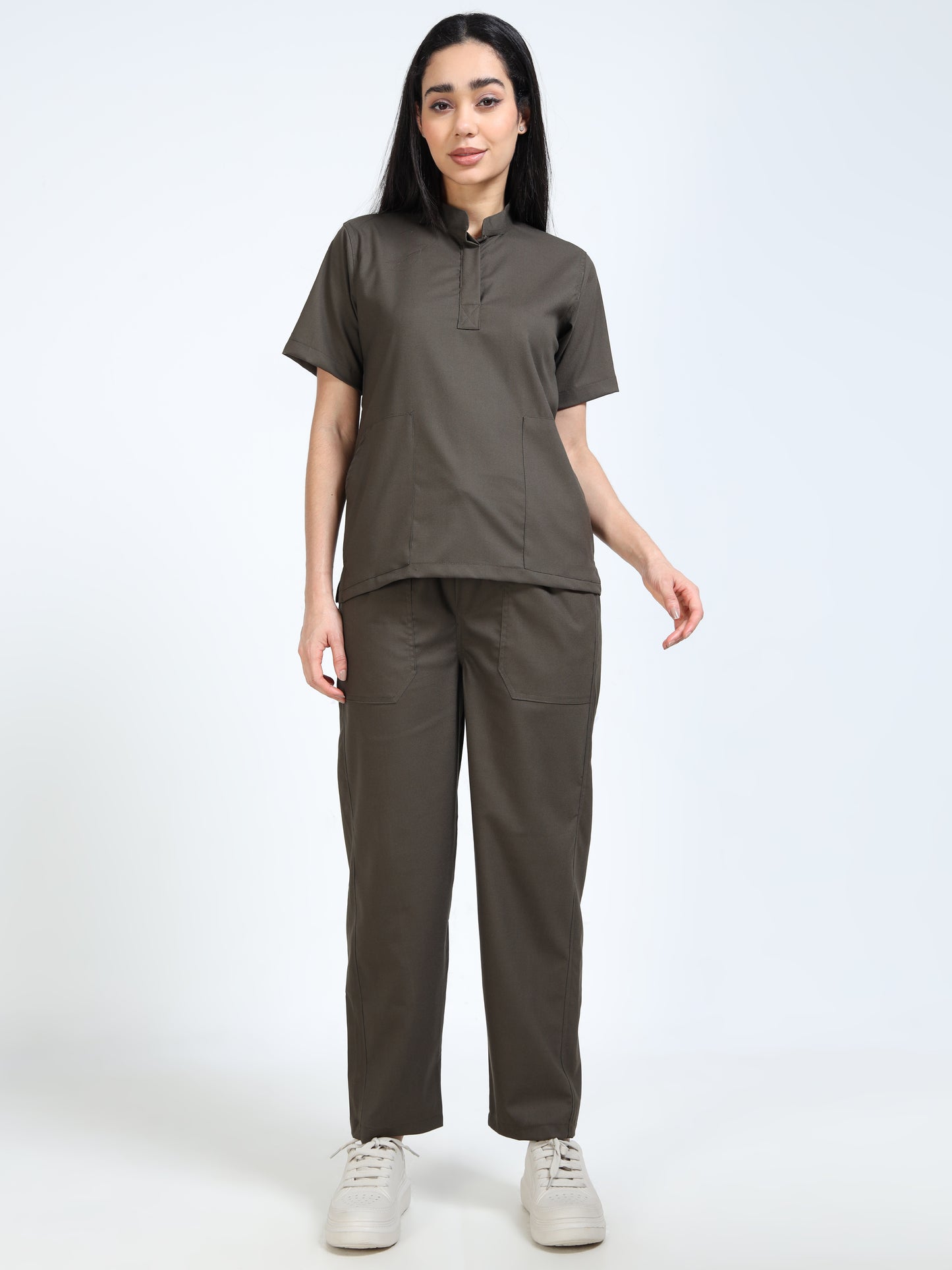 Women’s Olive Medical Scrub Set – Mandarin Collar (Chinese Collar) Top & Straight Pants | Twill Fabric, Durable & Antibacterial – Eco Flex