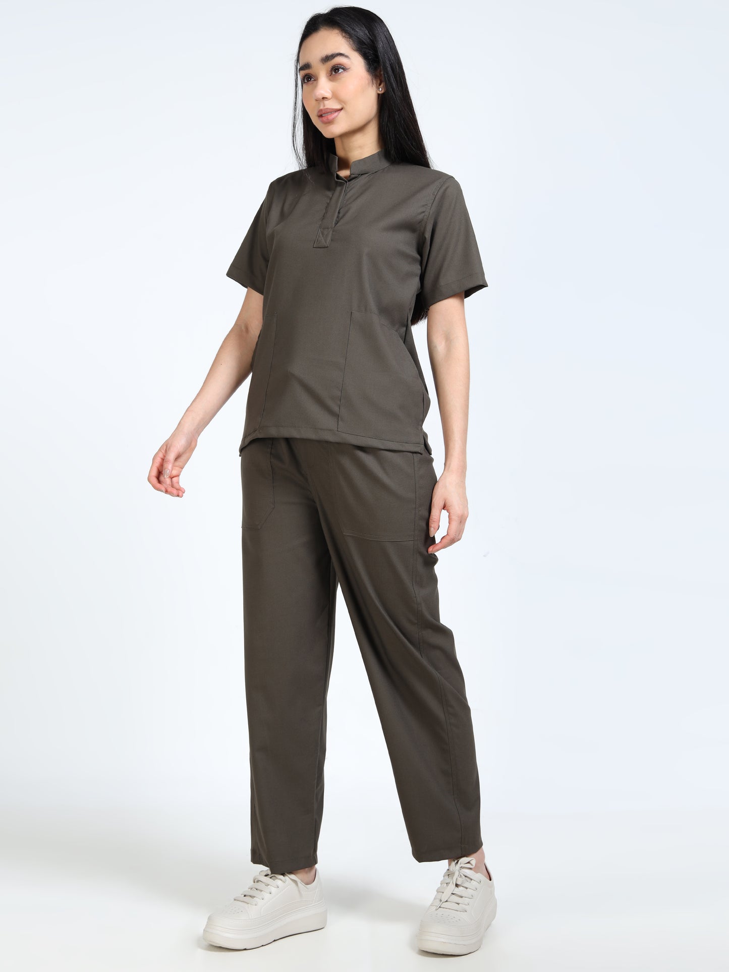 Women’s Olive Medical Scrub Set – Mandarin Collar (Chinese Collar) Top & Straight Pants | Twill Fabric, Durable & Antibacterial – Eco Flex