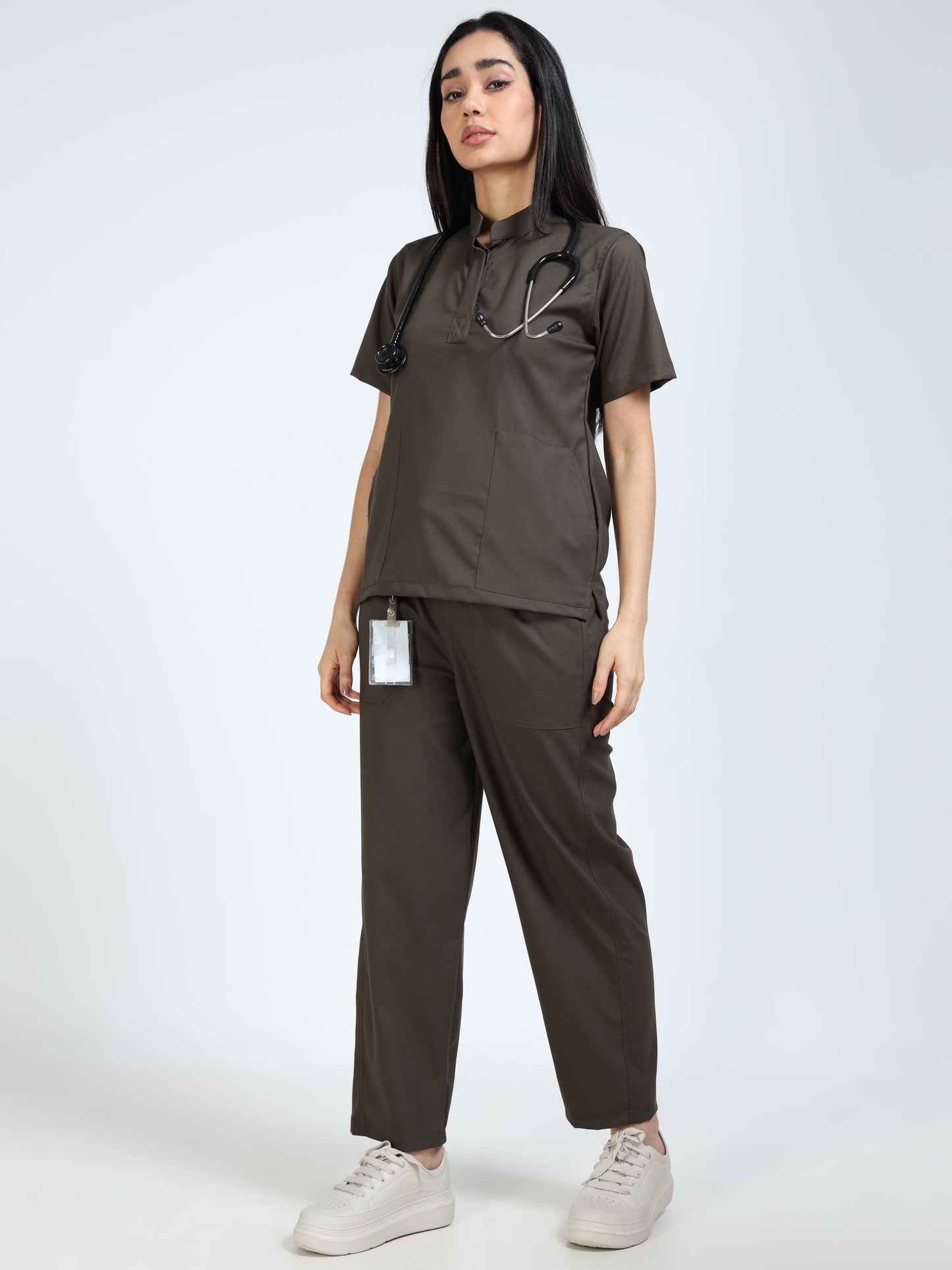Women’s Olive Medical Scrub Set – Mandarin Collar (Chinese Collar) Top & Straight Pants | Twill Fabric, Durable & Antibacterial – Eco Flex