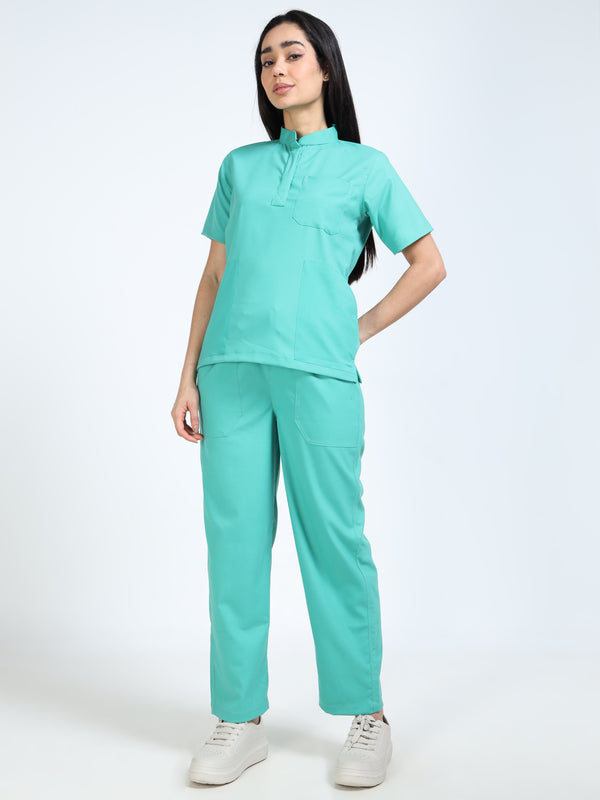 Women’s Sea Green Medical Scrub Set – Mandarin Collar (Chinese Collar) Top & Straight Pants | 2-Way Stretch, Breathable & Antibacterial Fabric – Apollo