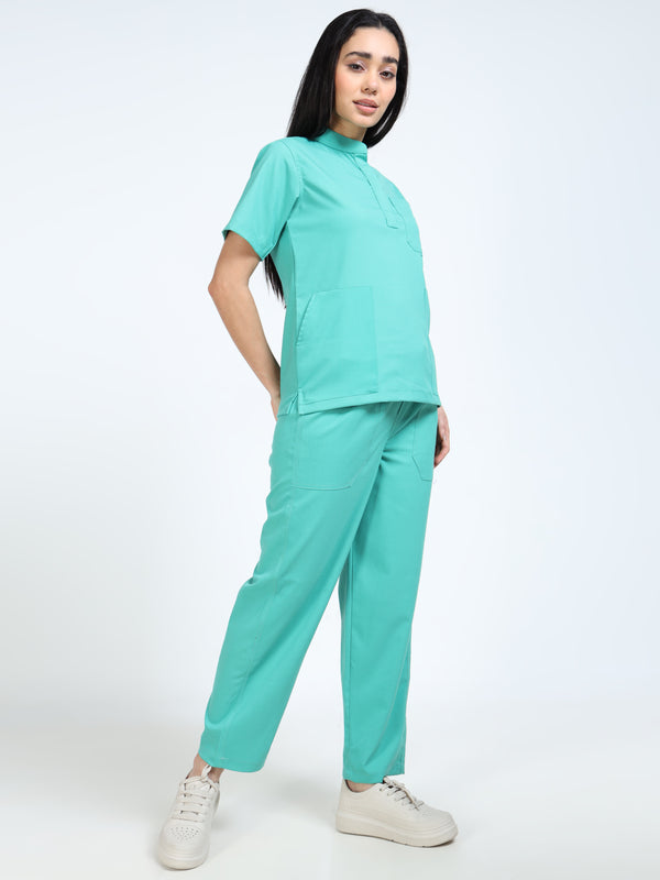 Women’s Sea Green Medical Scrub Set – Mandarin Collar (Chinese Collar) Top & Straight Pants | 2-Way Stretch, Breathable & Antibacterial Fabric – Apollo