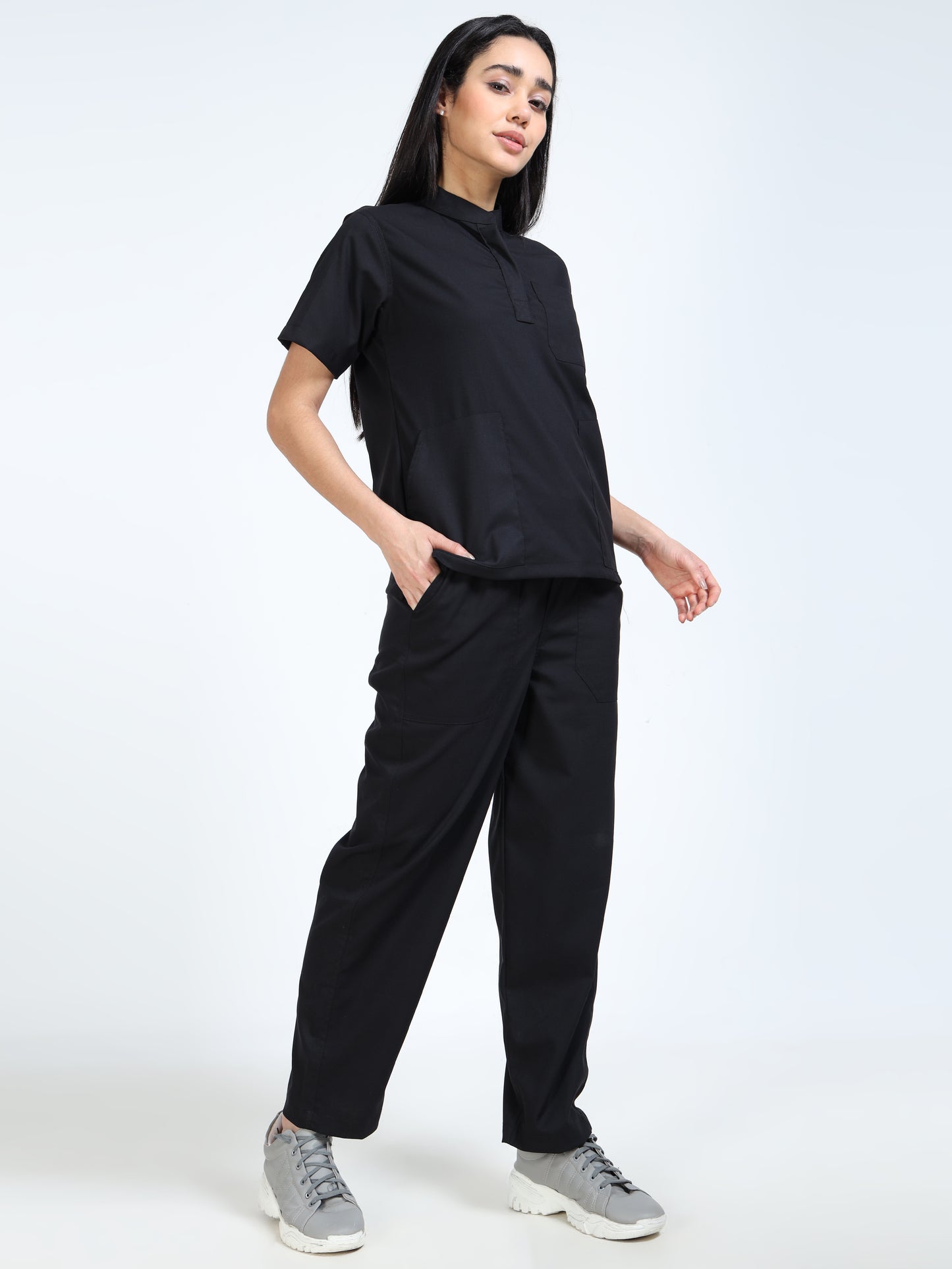 Women’s Black Knight Medical Scrub Set – Mandarin Collar (Chinese Collar) Top & Straight Pants | Twill Fabric, Antibacterial & Durable – Eco Flex