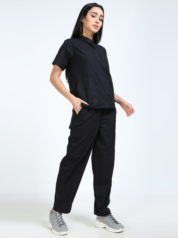 Women’s Black Knight Medical Scrub Set – Mandarin Collar (Chinese Collar) Top & Straight Pants | Twill Fabric, Antibacterial & Durable – Eco Flex