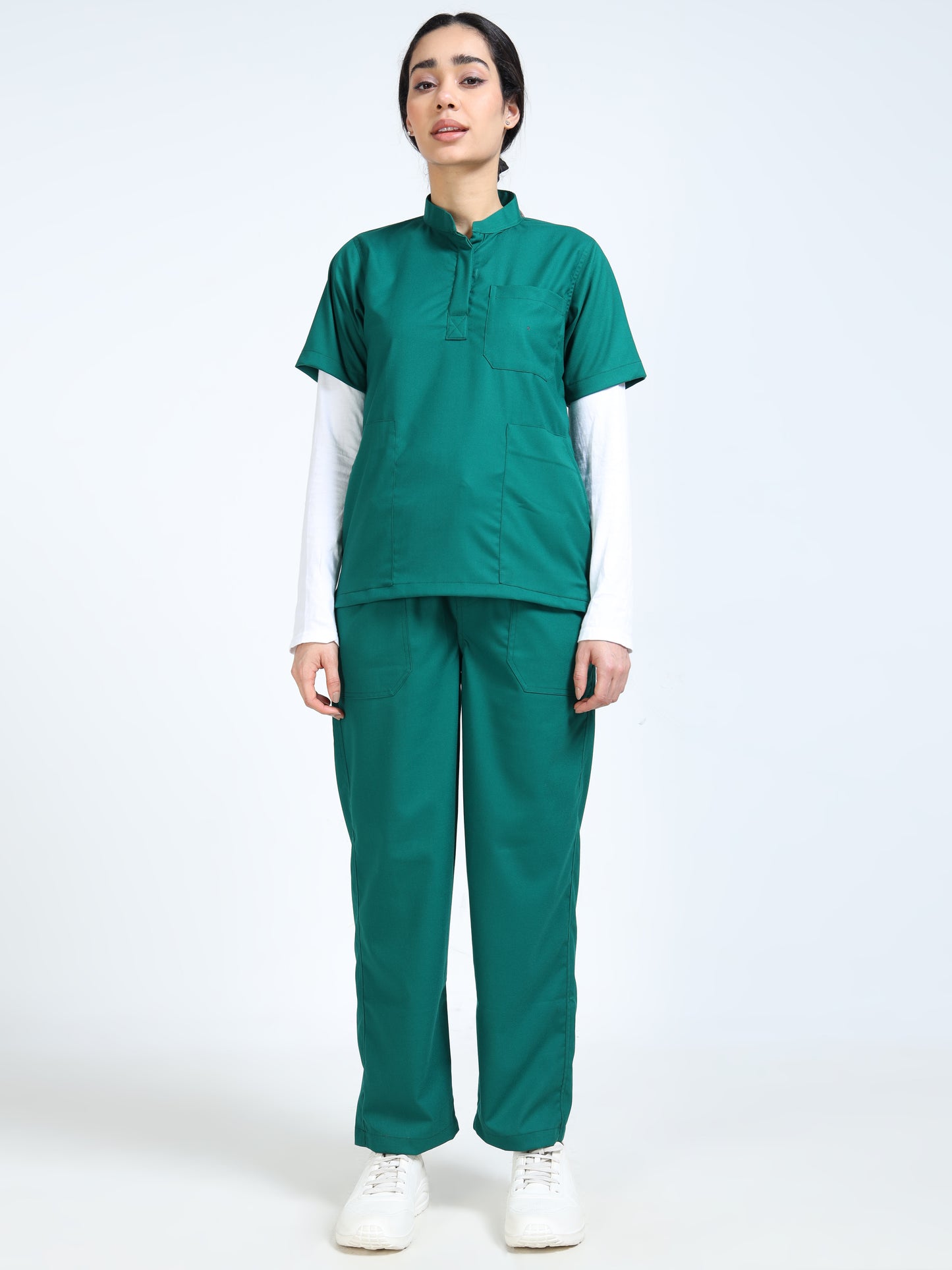 Women’s Forest Green Medical Scrub Set – Mandarin Collar (Chinese Collar) Top & Straight Pants | 2-Way Stretch, Antibacterial & Durable Fabric – Apollo