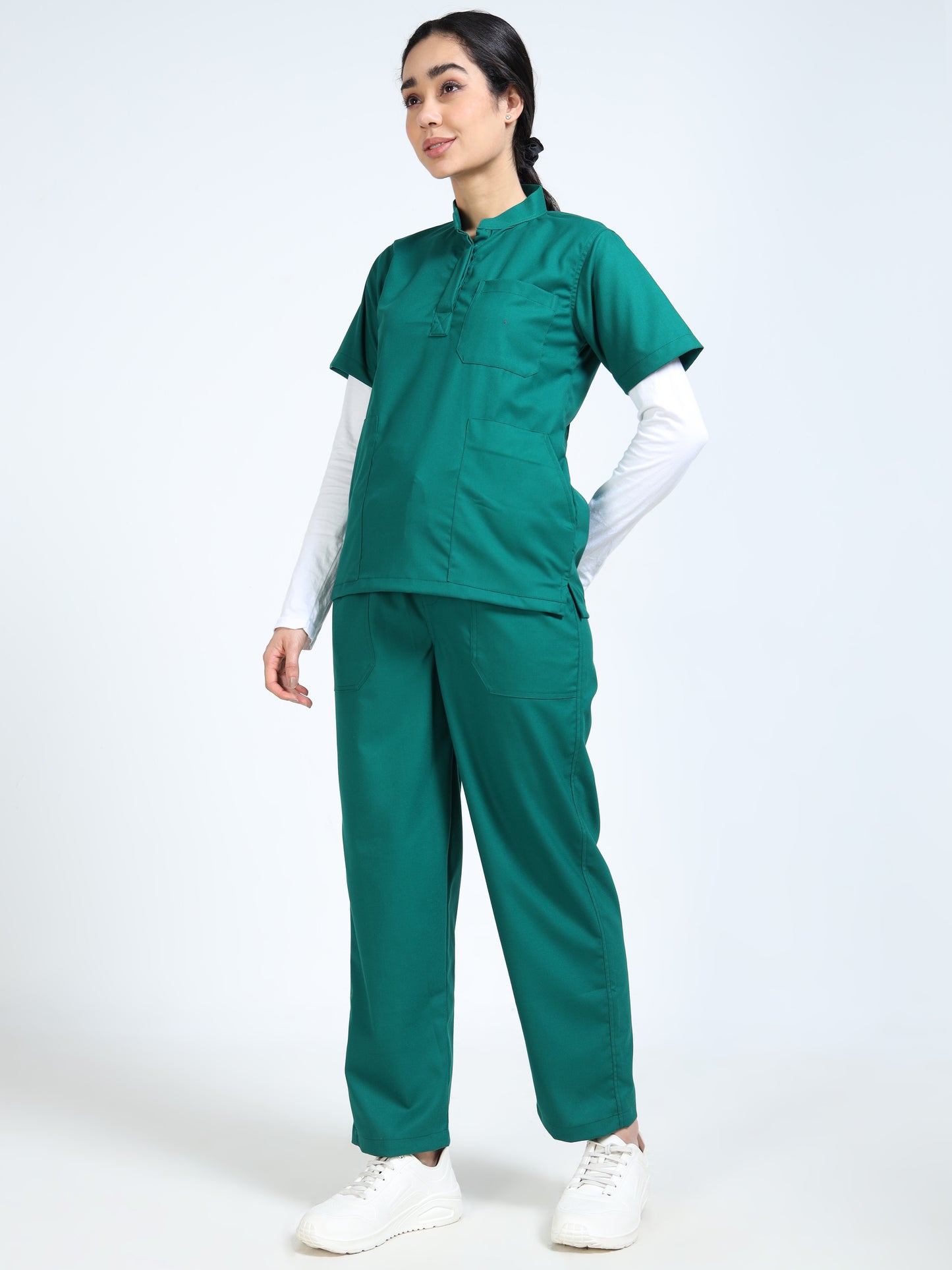 Women’s Forest Green Medical Scrub Set – Mandarin Collar (Chinese Collar) Top & Straight Pants | 2-Way Stretch, Antibacterial & Durable Fabric – Apollo